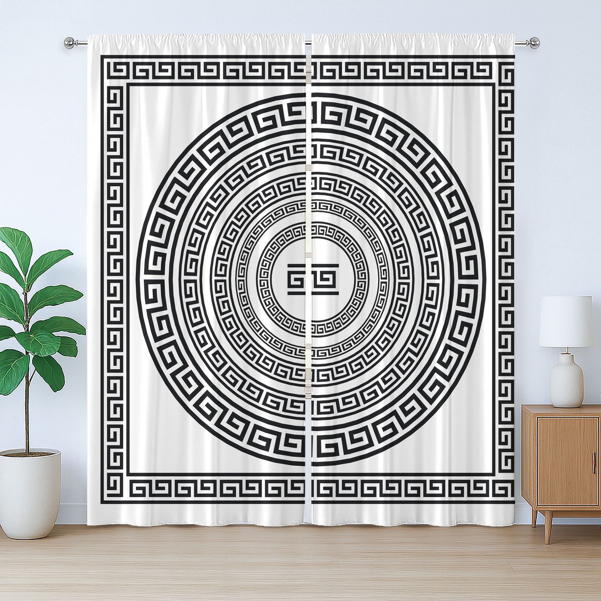 ABAKUHAUS Grieks sleutelmotief, rustiek gordijn, antiek frame, universele gordijnen met lussen en haken voor de woonkamer, 280 x 225 cm, wit zwart
