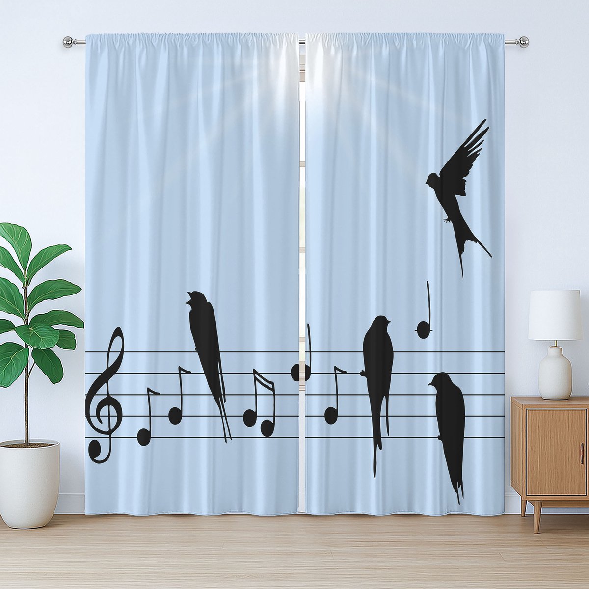 ABAKUHAUS Rustiek gordijn met vogel op een draad, vogel op muzieknoten, slaapkamergordijn met lussen en haken, 280 x 225 cm, plafondblauwgrijs