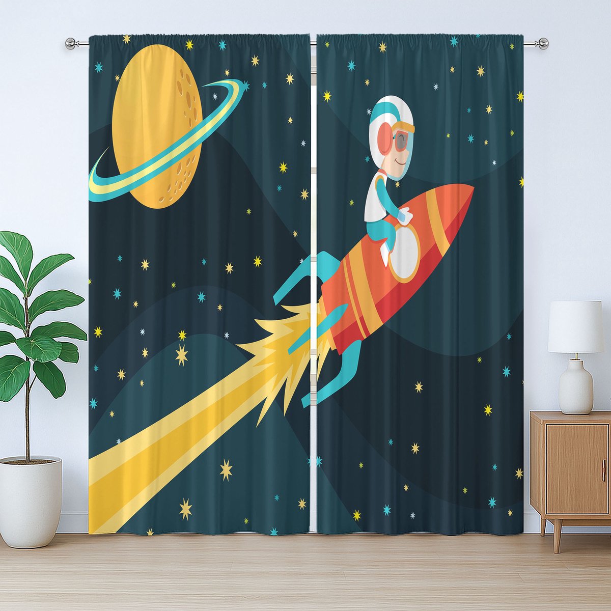 ABAKUHAUS Rustiek Raketgordijn, Jongen op een Raketavontuur, Slaapkamergordijn met plooien, lussen en haken, 280 x 260 cm, Donker Petrolblauw Geel