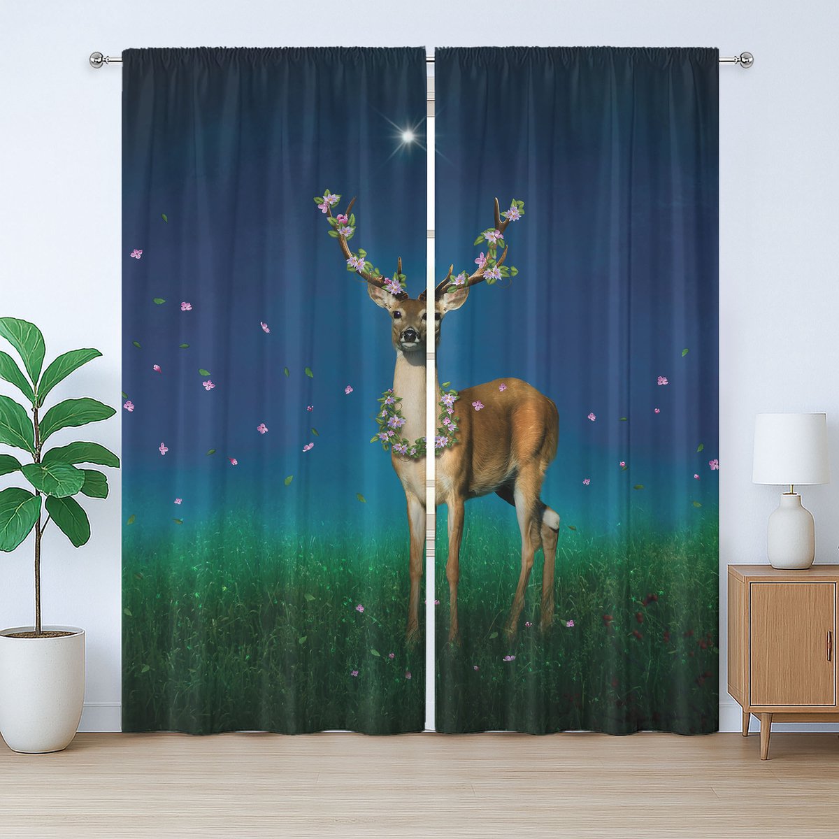ABAKUHAUS Rustiek Hertengordijn, Dier met Bloemen en Gewei, met Bandjes, Lussen en Haken , 280 x 225 cm, Nachtblauw, Smaragdgroen en Gember