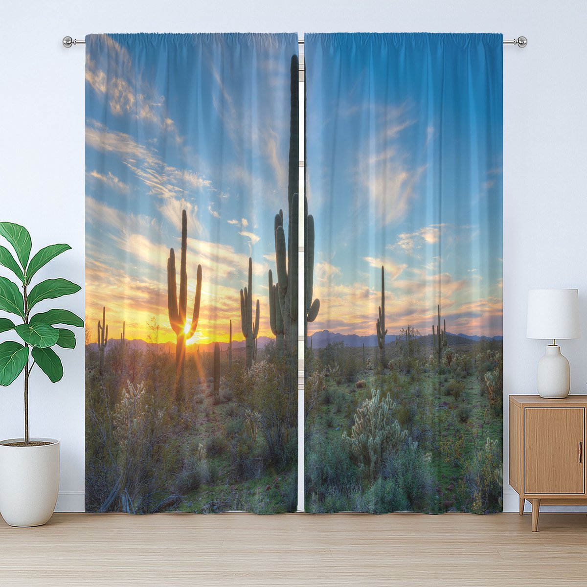 ABAKUHAUS Saguaro Rustiek Gordijn, Cactus Noon, Slaapkamergordijn met Geplooide Band, Lussen en Haken, 280 x 225 cm, Groen Blauw