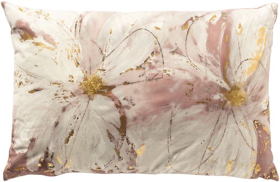 Langwerpig kussen met een abstract roze bloemenmotief en gouden accenten op een crèmekleurige achtergrond.