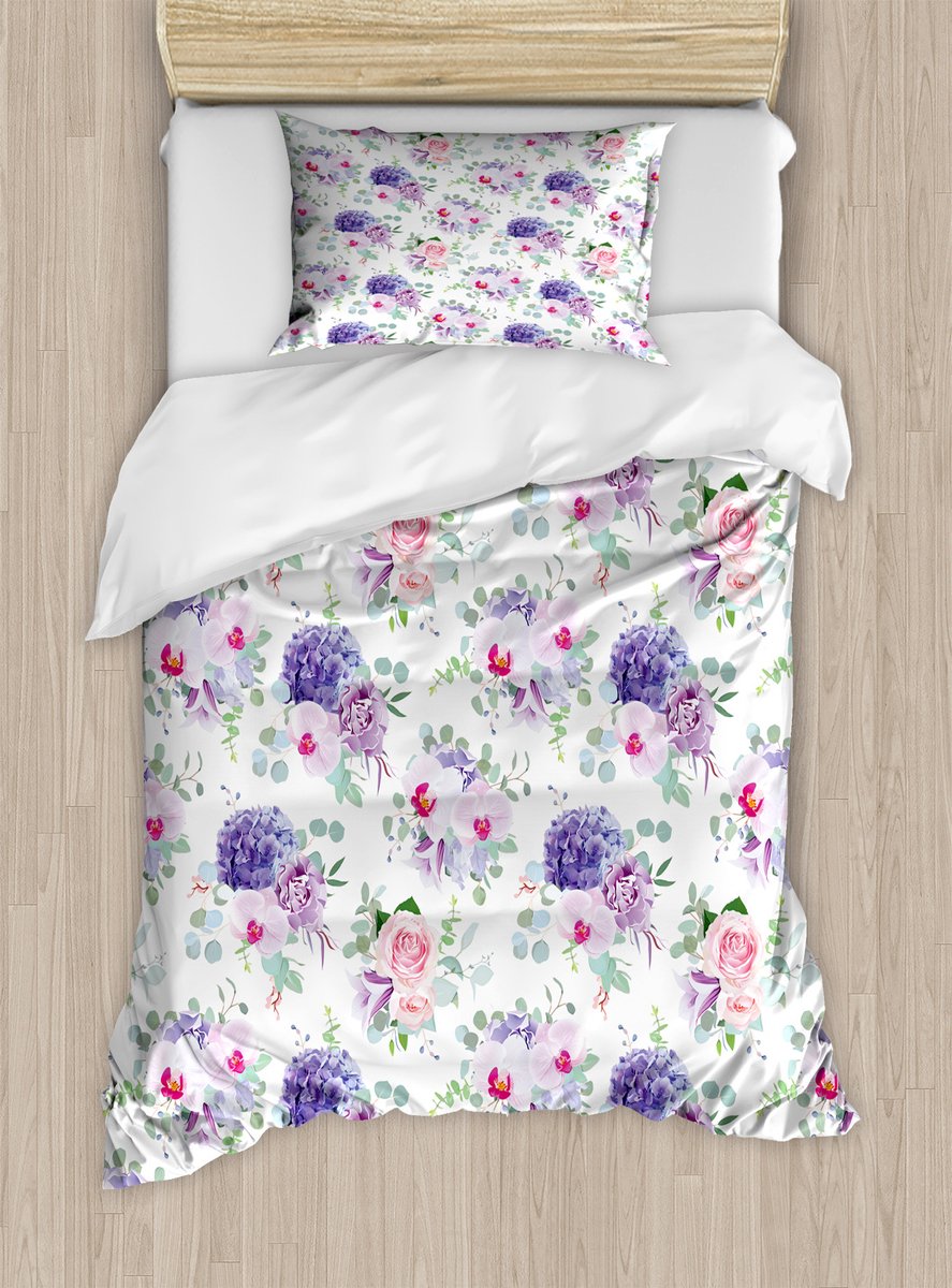 ABAKUHAUS Dekbedovertrekset met bloemenprint voor eenpersoonsbedden, rozen, orchideeën en anjers, inclusief kussensloop, 130 x 200 cm