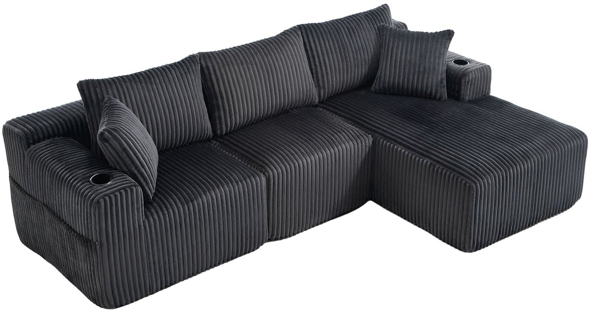 Merax Modulaire Hoekbank Met Loungegedeelte En 2-Zits - Ribstof - 5 Kussens - Zijvakken - Bekerhouders - Grijs