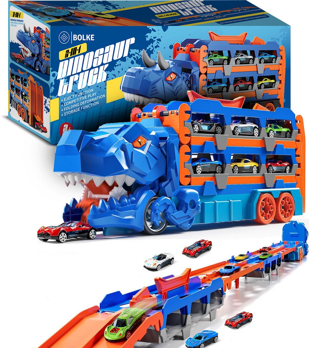 Bolke - dinosaurus speelgoed - vrachtwagen speelgoed - uitklapbare racebaan - met raceautotjes