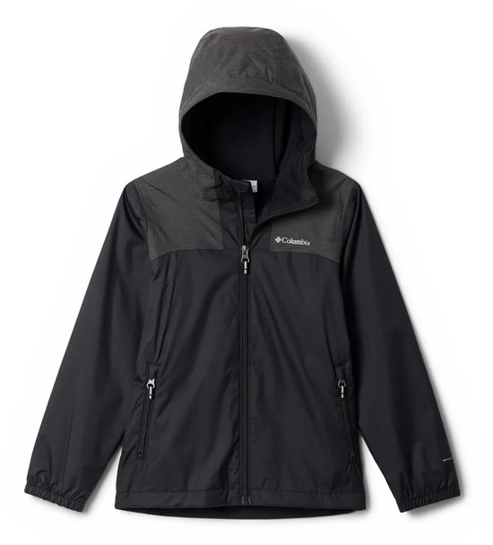 Zwarte Columbia jas met capuchon, donkergrijs bovenpand met logo, rits en zakken.