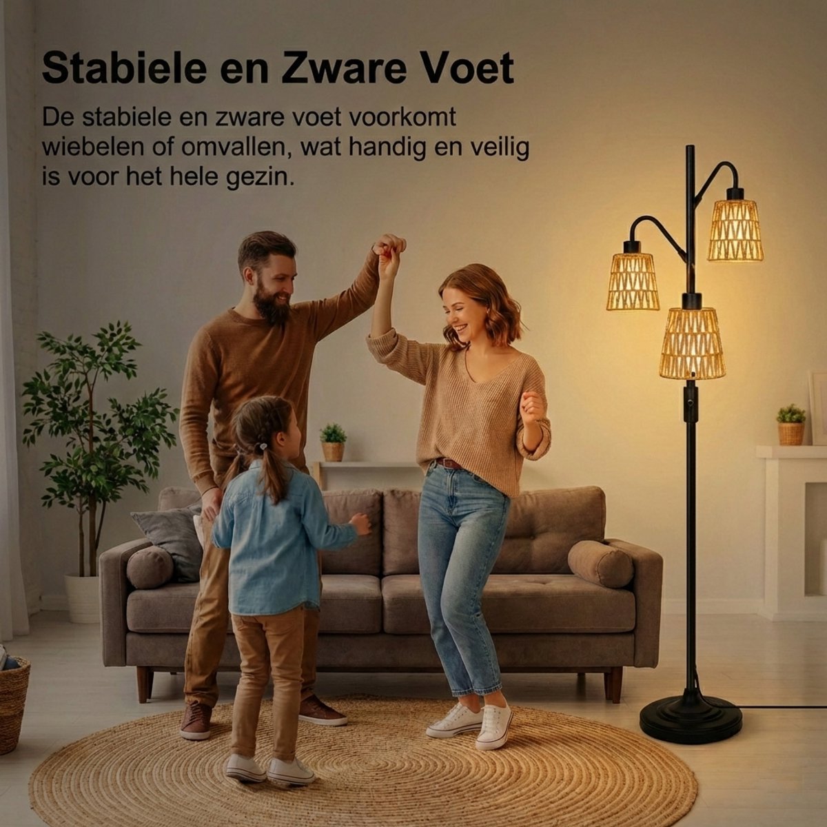 MUPOO Bohemian Rotan Vloerlamp 3-Lichts met Zwart Metaal thumbnail 4
