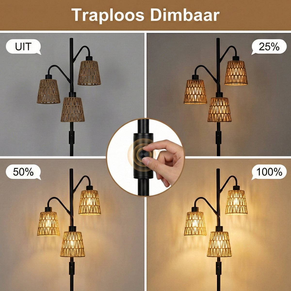 MUPOO Bohemian Rotan Vloerlamp 3-Lichts met Zwart Metaal thumbnail 3