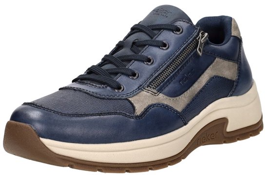 Blauwe leren sneaker met ritssluiting, grijze accenten en bruine zool.