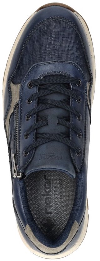 Bovenaanzicht van een blauwe leren sneaker met ritssluiting.