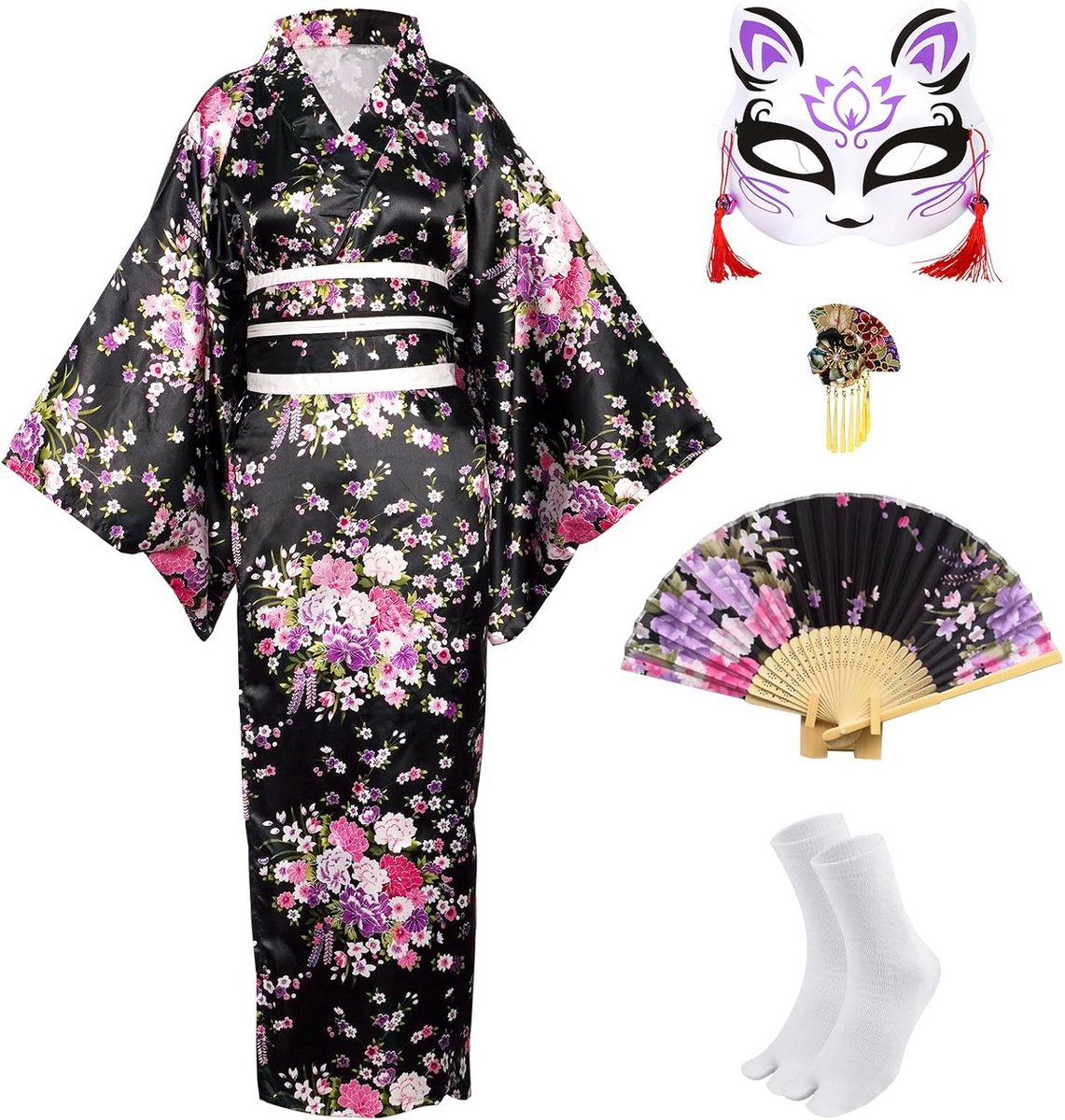 Lange kimono badjas set voor dames met Japanse sakura print en accessoires