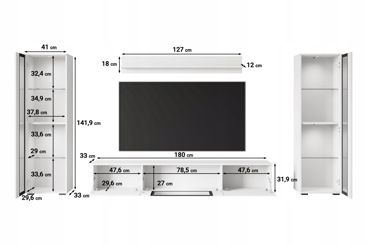 Modern Wandmeubel - 4-delige Set - 180 cm TV-kast, 2 Vitrinekasten & Wandplank - Wotan Eiken & Wit Hoogglans - Inclusief LED