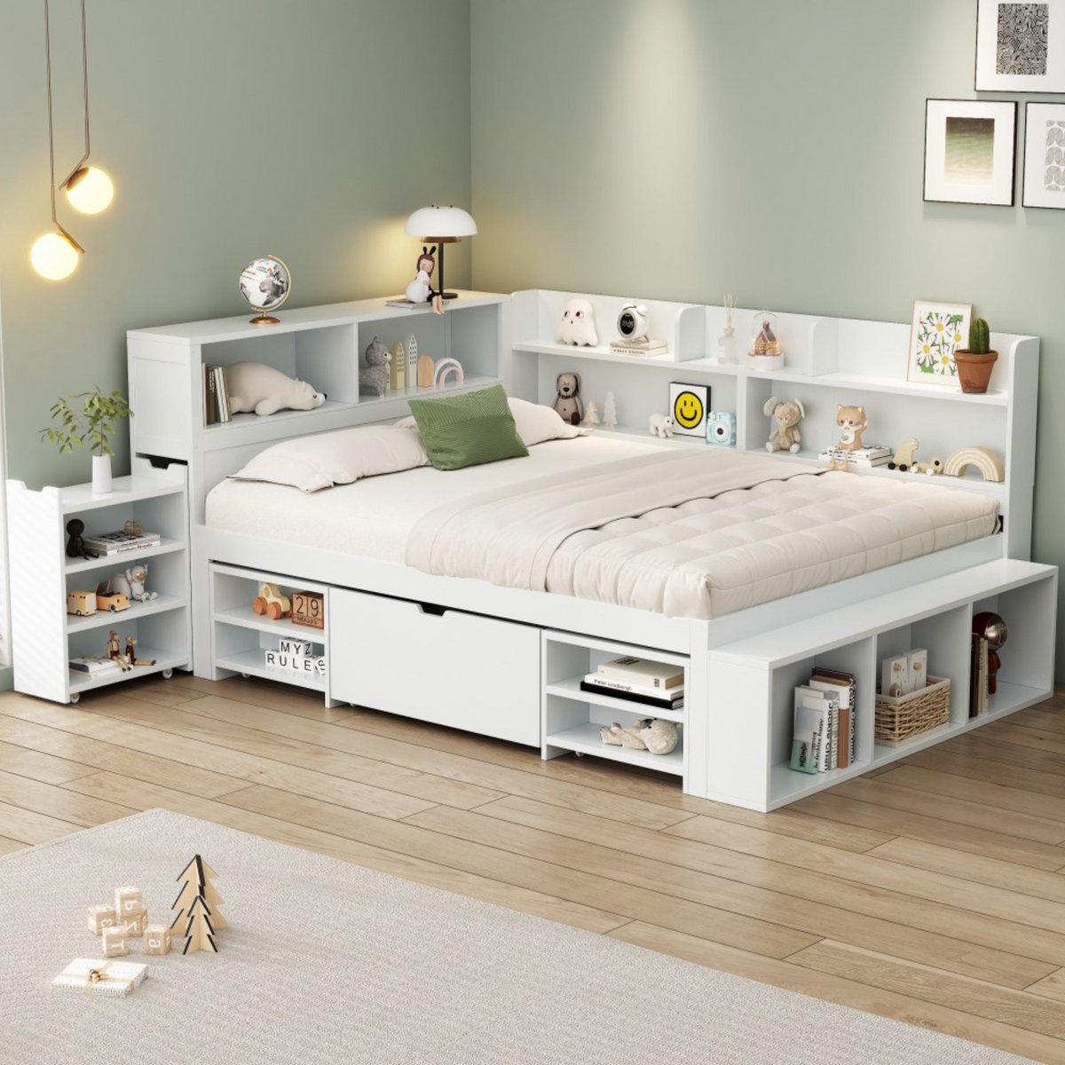 MODFU Kinderbed 140x200 cm van plywood – wit – met lades en boekenkast – multifunctioneel ontwerp