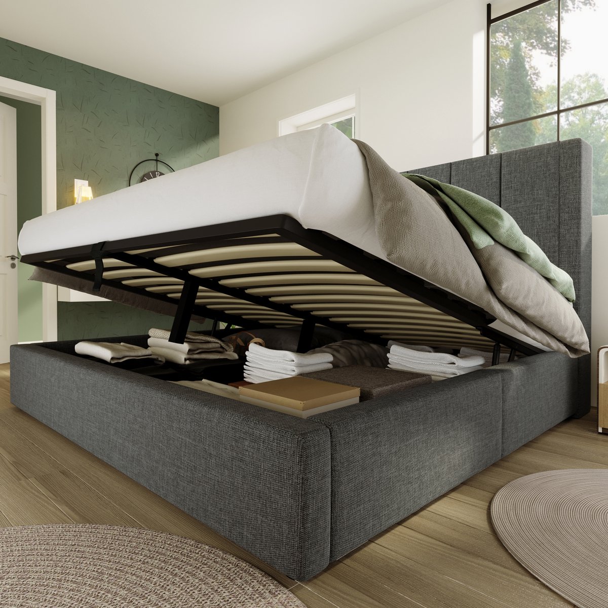 Wishdor Gestoffeerd Bed – 140 x 200 cm – Hydraulische Opbergruimte – Hoofdbord met Bekerhouders en Laadstation – Linnen Grijs – Usb en Type-C – Stabiel tot 300 kg – Smart Design voor Luxe Slaapkamer