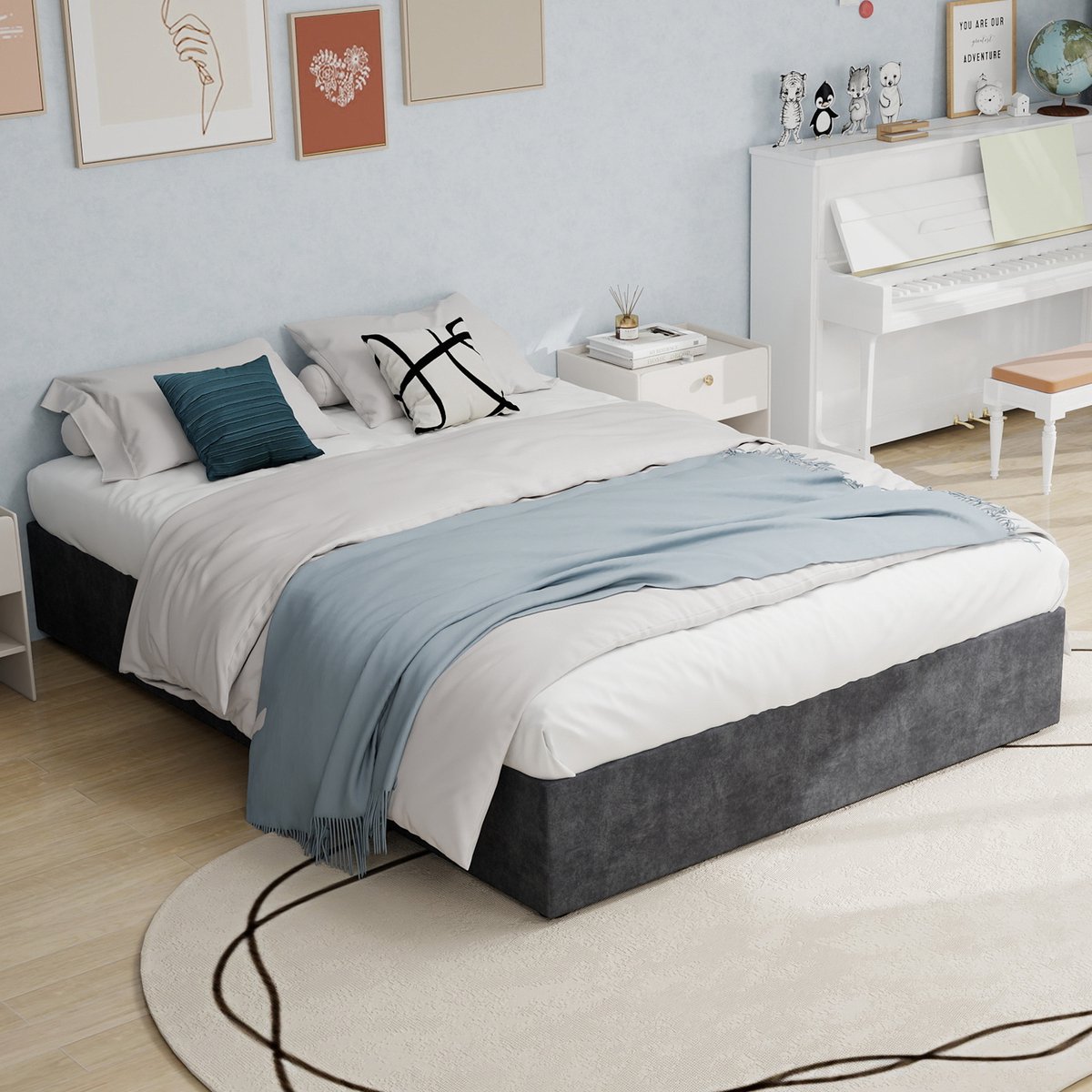 Wishdor Bedframe – 160 x 200 cm – Met Gasveer – Zonder Hoofdbord – Stof en Metaal Grijs – Modern Minimalistisch Design – Stevige Constructie – Eenvoudige Montage – Stijlvol voor Kleine Slaapkamer