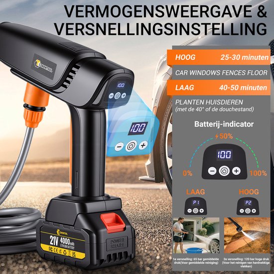 CONENTOOL Accu Hogedrukreiniger - borstelloos - 550W - 6-in-1 Draadloze Hogedrukreiniger - met 2x 4.0Ah Batterij van Merkloos	 — afbeelding 5