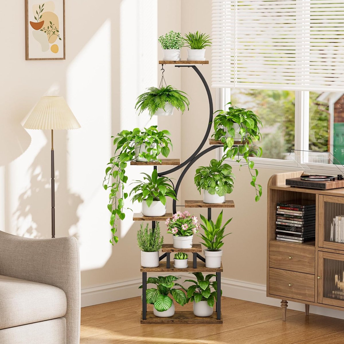 plantenstandaard voor binnen met kweeklampen, plantenrek van 157,5 cm hoog, verlicht hoekrek voor planten, voor binnenteelt, 8 lagen, groot, S-vormig, decoratief, rek voor woonkamer, zwart
