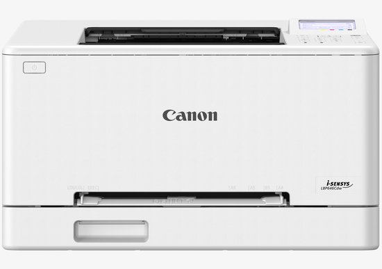 Witte Canon i-SENSYS LBP646Cdw printer met display en bedieningspaneel.