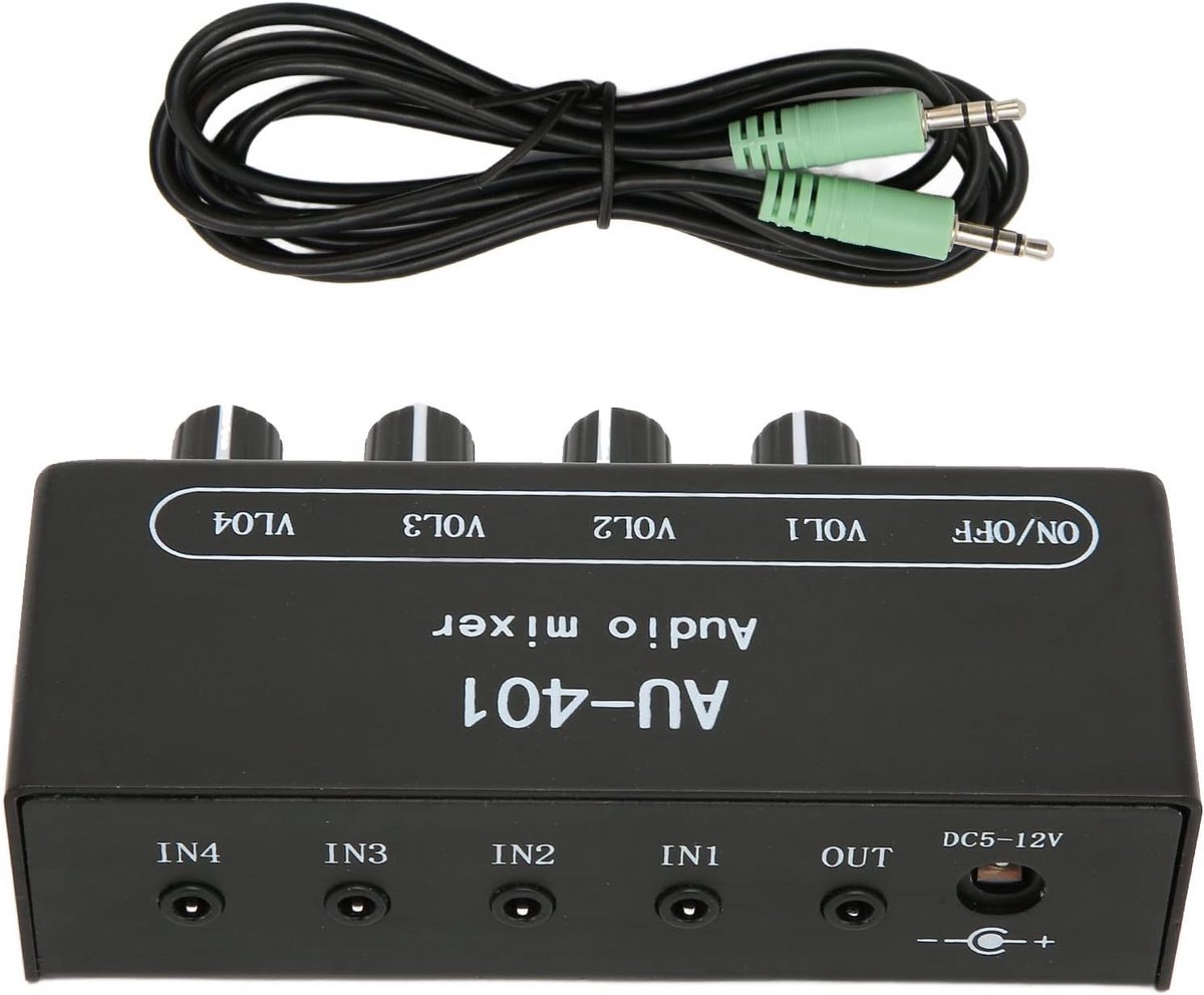 4-Kanaals Mini Audio Mixer met Onafhankelijke Volumeregeling en Versterking voor PC en Laptop