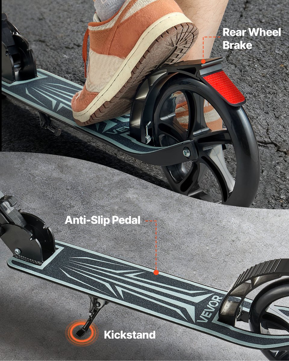 VEVOR Step (2 Wielen) voor Kinderen Vanaf 8 Jaar, Stadsstep, Kinderstep, Straatstep met In Hoogte Verstelbaar Stuur, Antislip Deck en Opvouwbaar Frame, Step tot 100 Kg, Zwart thumbnail 5