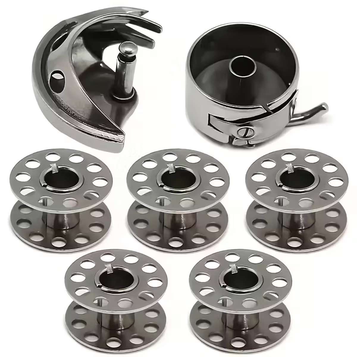 Spoelhuis met metalen spoeltjes – Naaimachine accessoire – Universeel – 11 mm – Zilver – 1 stuks spoelhuis en Haak + 5 spoeltjes