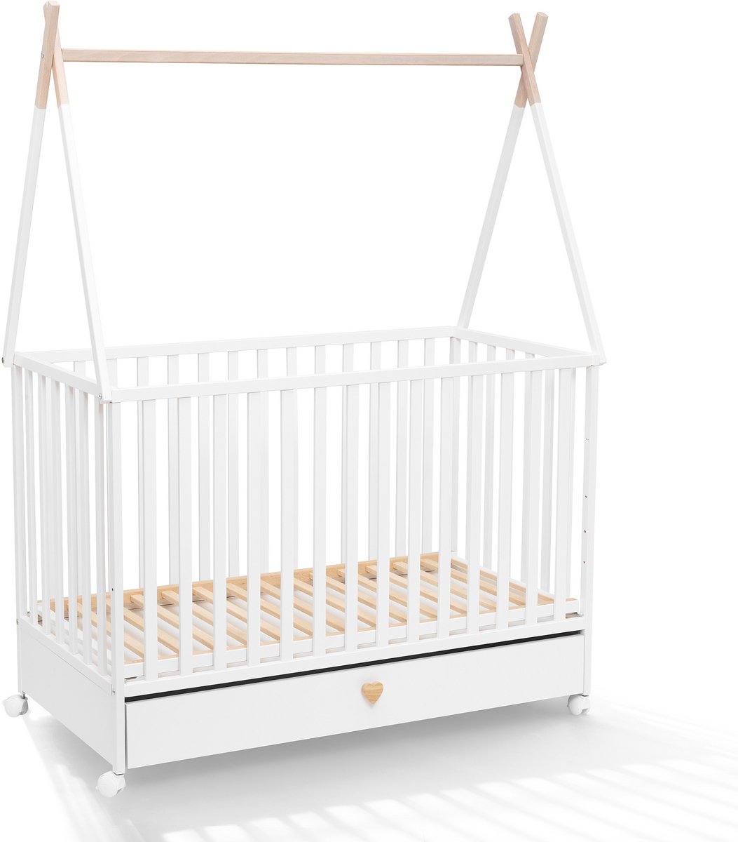 Dreamy Tipi Babybed 120x60 – Scandinavisch Design – Met Opberglade en Wielen – Massief Beukenhout – Inclusief Tipi-Frame – Grijs / Wit