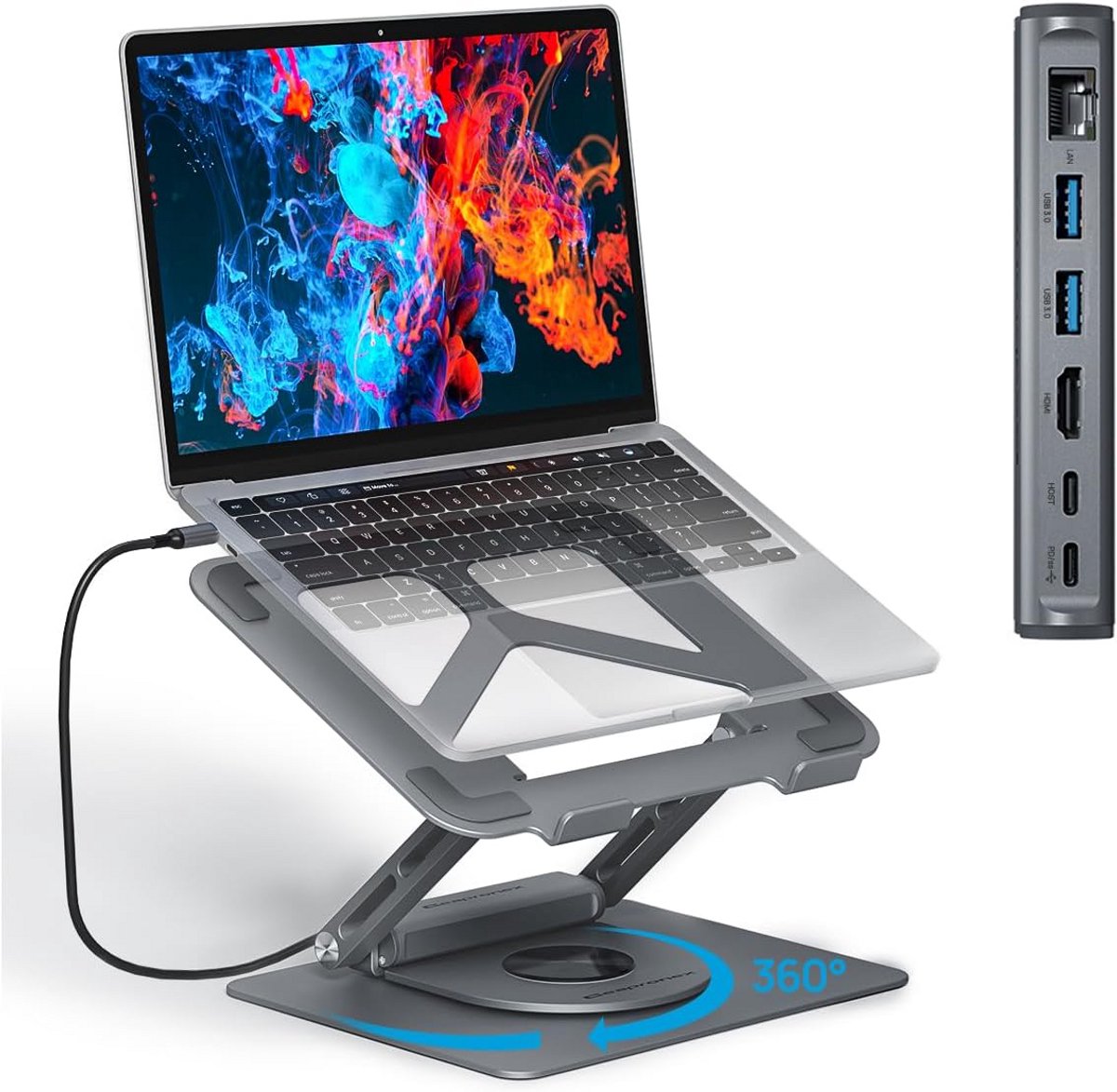360° Draaibare en Verstelbare Laptopstandaard met Geïntegreerde Docking Station Hub