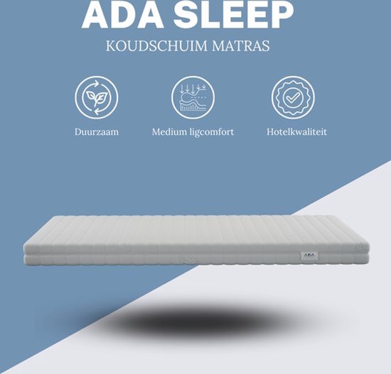Matelas ADA SLEEP en mousse à froid avec icônes pour la durabilité, le confort d'accueil moyen et la qualité hôtelière.