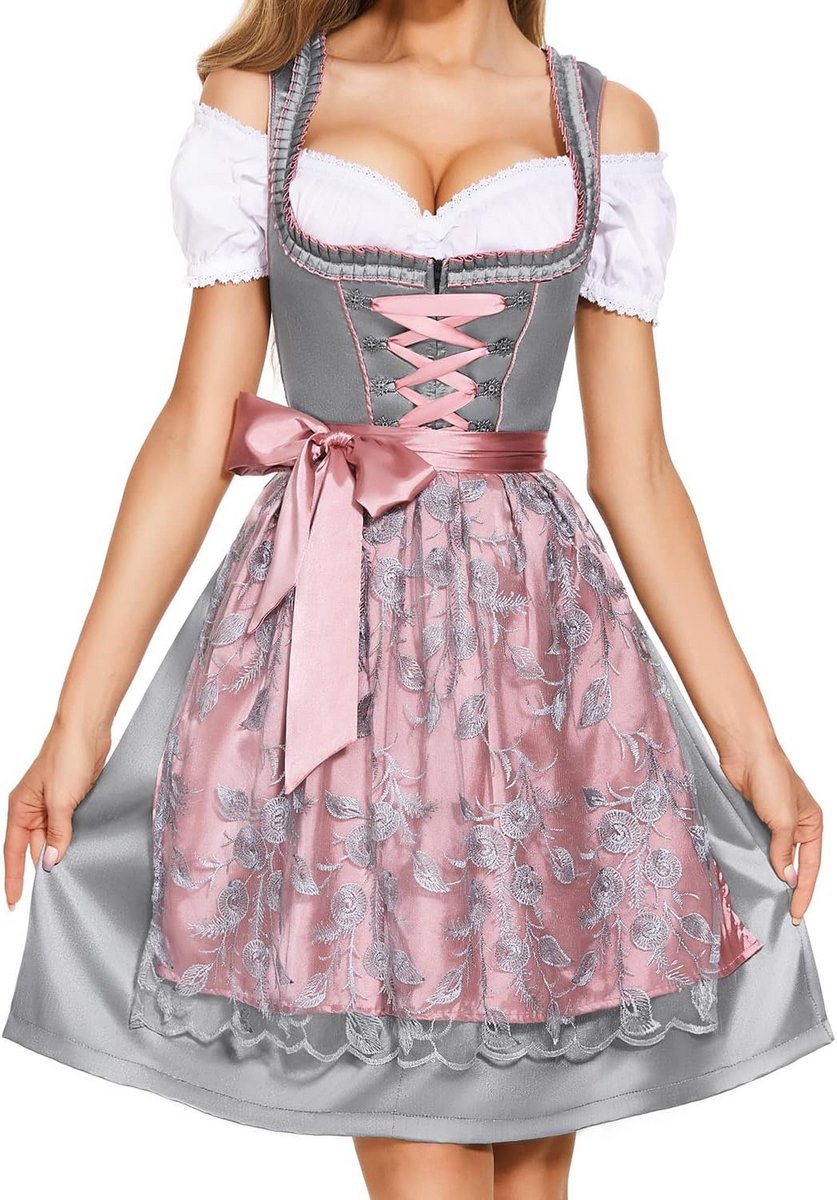 Midi Dirndl Jurk voor Dames: Traditionele Klederdracht met Blouse en Schort - 3 Delig