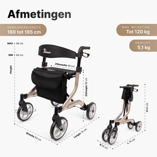Afmetingen van champagnekleurige rollator: zithoogte 58 cm, breedte 64 cm, lengte 74 cm. Gewicht 5,1 kg. Max. belasting 120 kg.