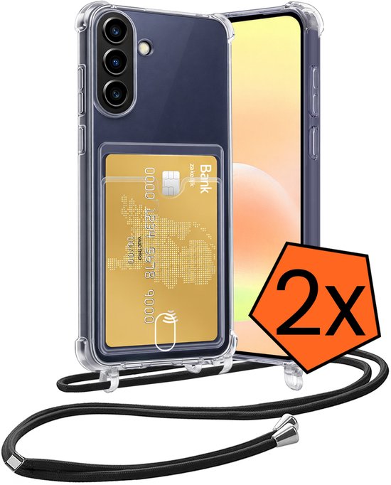 Coque transparente avec Samsung A57 bleu foncé, porte-cartes doré et cordon noir. 2x.