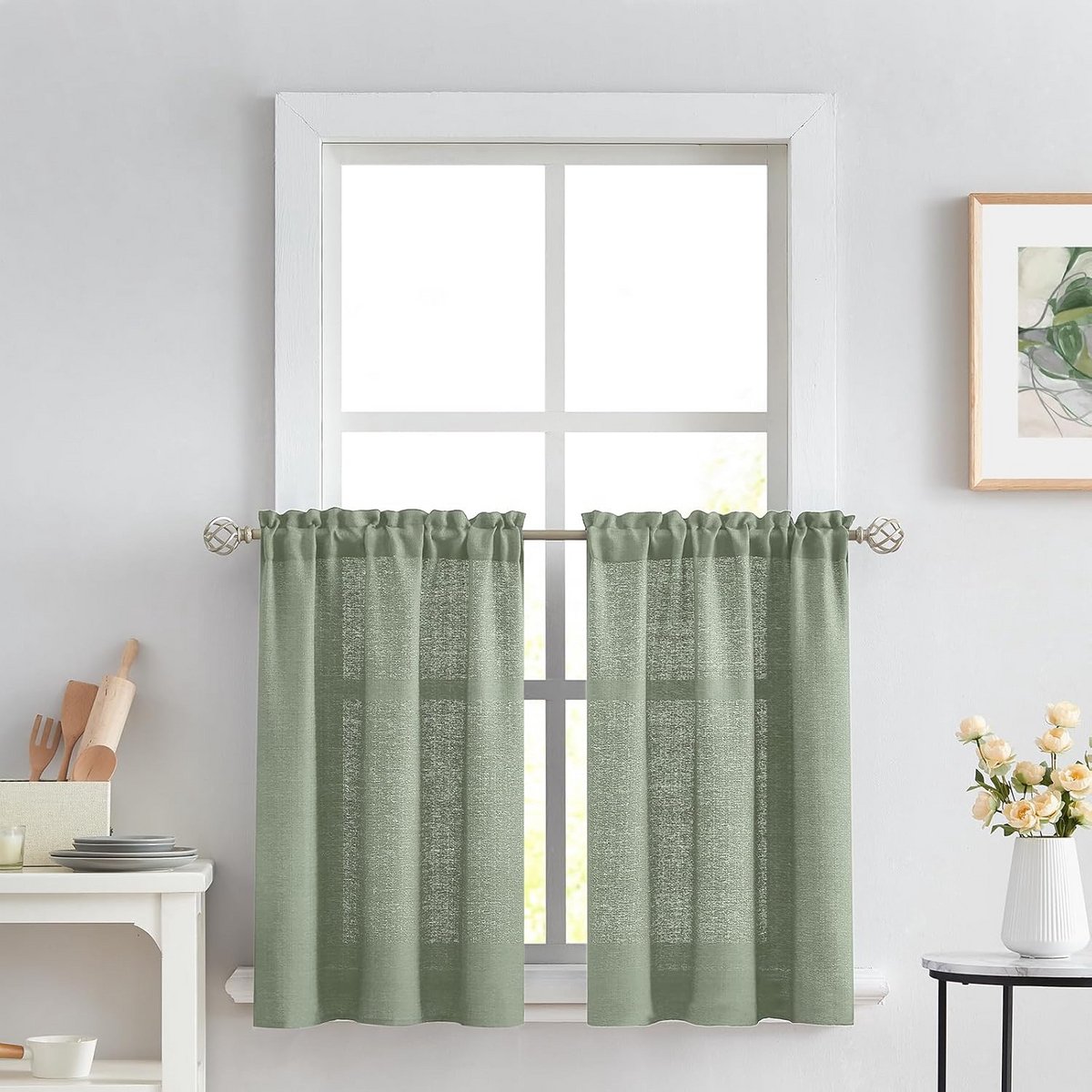Sagegroene Haldoorzichtige Gelaagde Gordijnen met Linnenlook voor Keuken of Slaapkamer