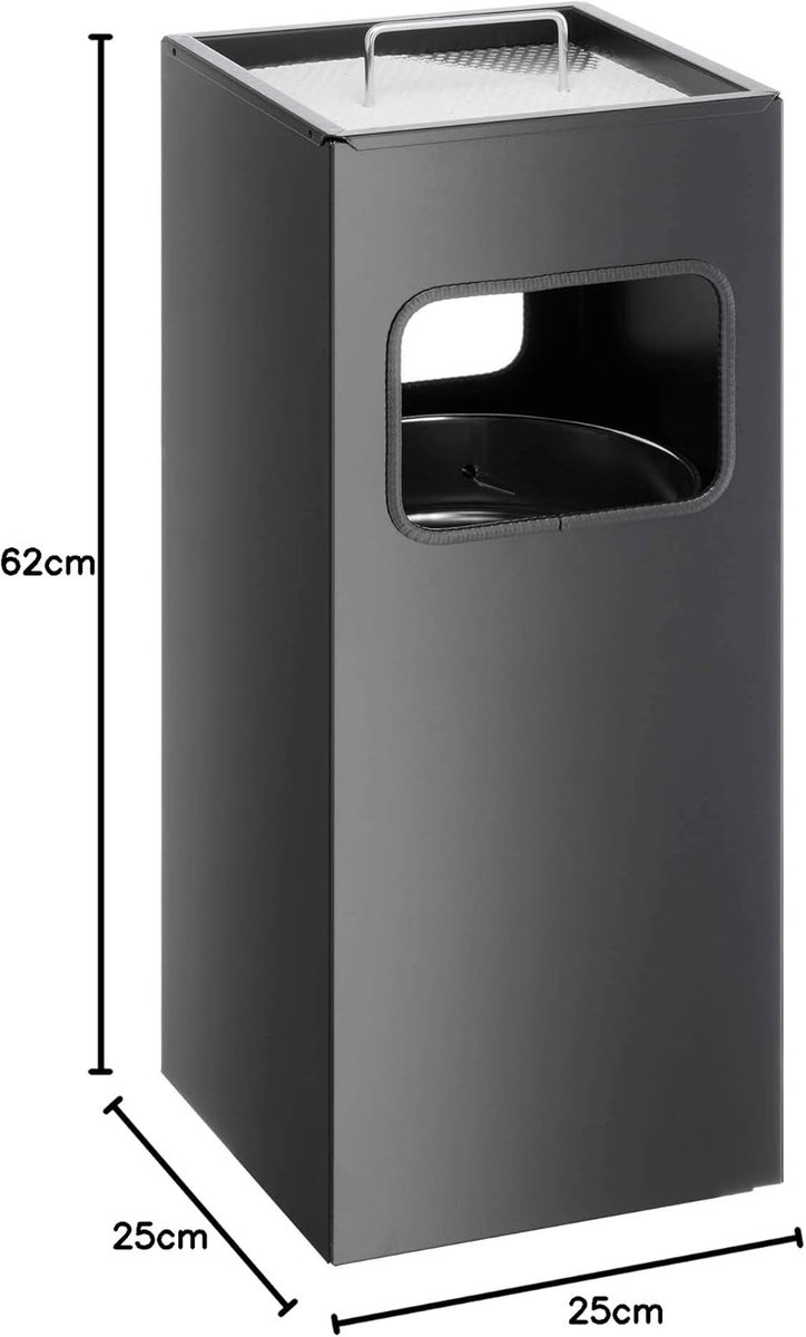 Prullenbak met Asbak – House&Garden 17L Vierkante Afvalemmer met Uitneembare Binnenemmer en 2L Geïntegreerde Asbak, Zwart, Duurzaam en Stijlvol – Voor Kantoor, Entree en Werkplek