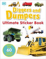 Boek 'Diggers and Dumpers Ultimate Sticker Book' met gele bulldozer, groene kiepwagen en rode vrachtwagen.