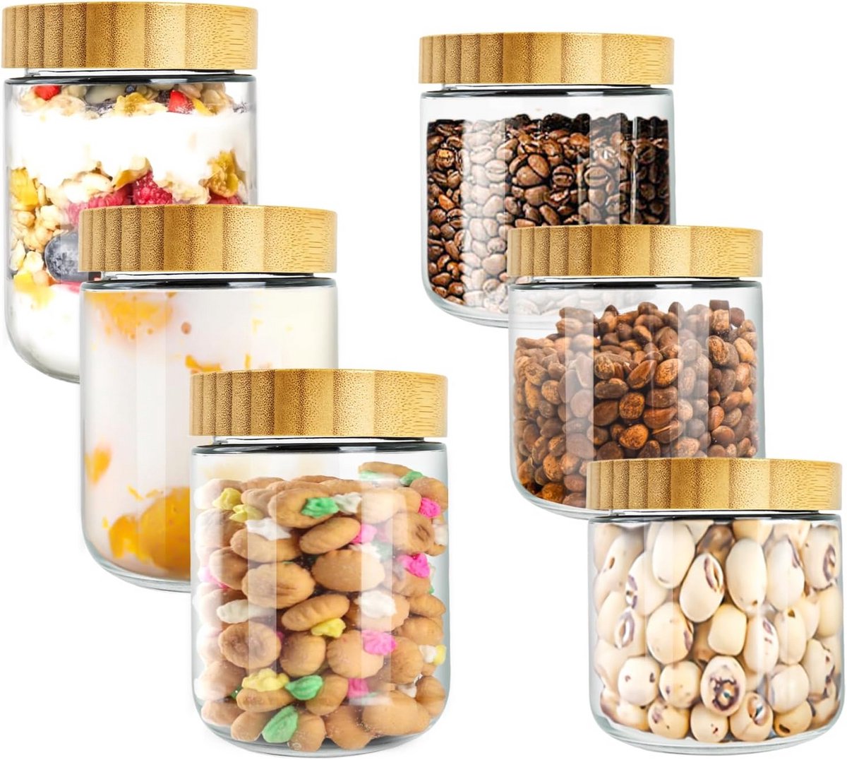 Set van 6 Glazen Potten met Deksel voor Overnight Oats, Yoghurt of Fruit - 300ml & 500ml