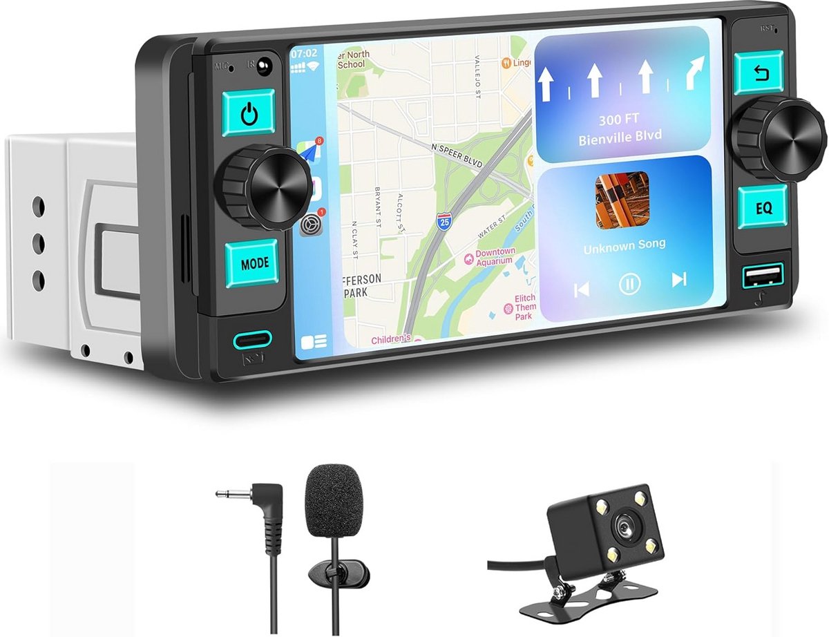 Autoradio 1 DIN met Bluetooth, CarPlay, Android Auto en 5 inch Touchscreen