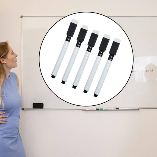 Vrouw in blauwe jurk staat bij een whiteboard. Een cirkel toont vijf witte stiften met zwarte doppen.