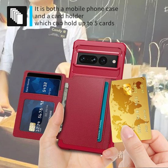 Étui portefeuille adapté pour Google Pixel 7 Pro - Coque arrière avec porte-carte - Étui de téléphone pour carte de débit - Porte-carte à l'arrière - Étui avec aimant pour support de voiture Rouge