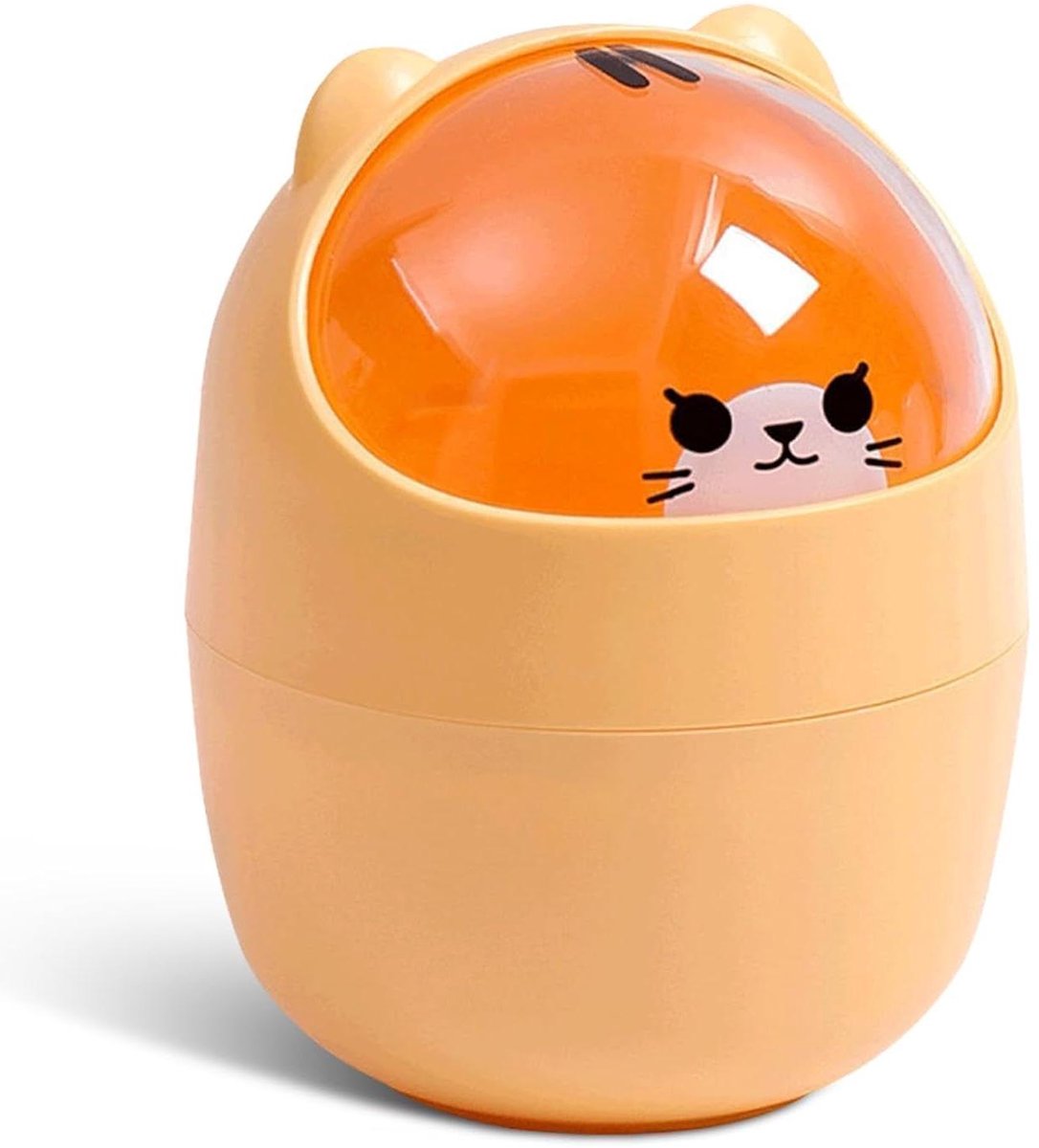 Mini Desktop Prullenbak met Cartoon Kat Motief en Swing Deksel voor Dressing Table - Gele Kleur - Ideaal voor Keuken en Countertop