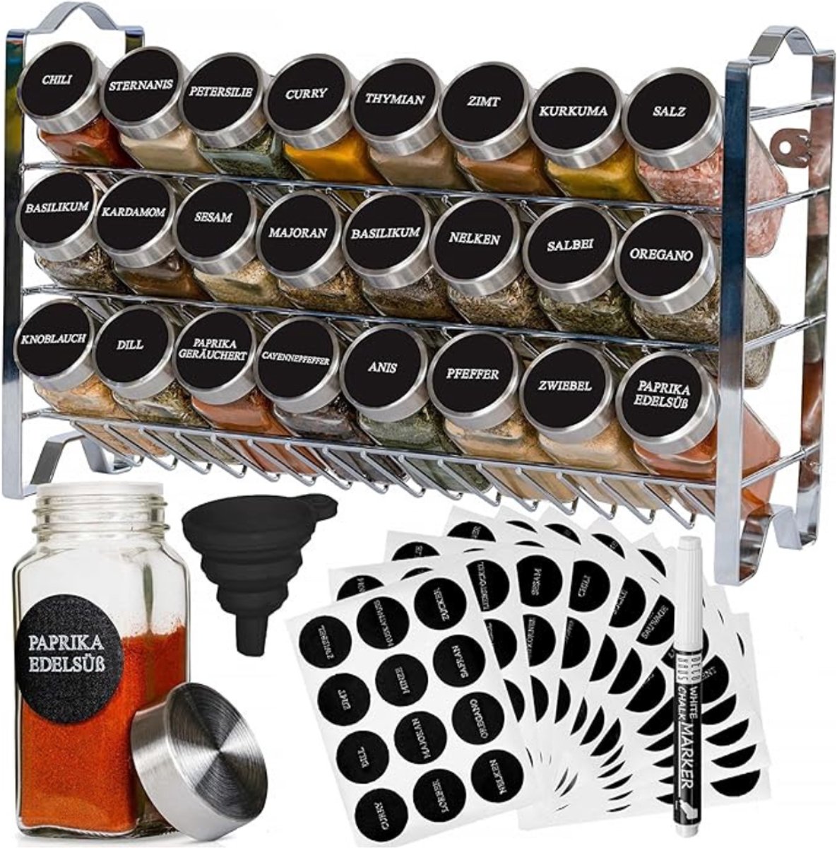 Verte Kruidenrek - Kruidenrek met Kruidenpotjes - 3-Laags Metalen Kruidenorganizer - Keukensorteerset met 24 Kruidenpotjes - 48 Labels - Borstel - Trechter - Haken - Vrijstaand of Aan de Muur te Bevestigen - Chroom