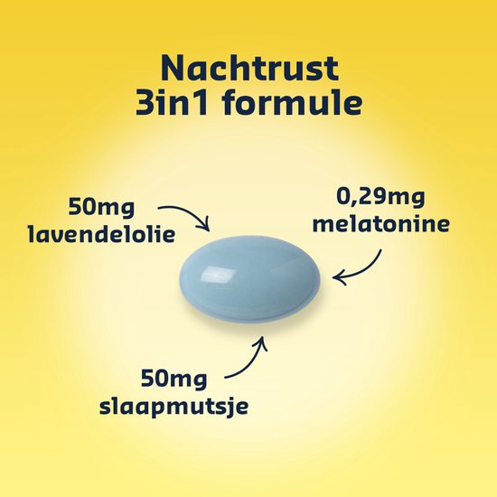 Blauwe capsule met tekst over 50mg lavendelolie, 50mg slaapmutsje en 0,29mg melatonine.