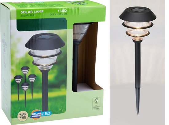 Zwarte solar tuinlamp met een LED, warm wit licht. H 41.5 cm.