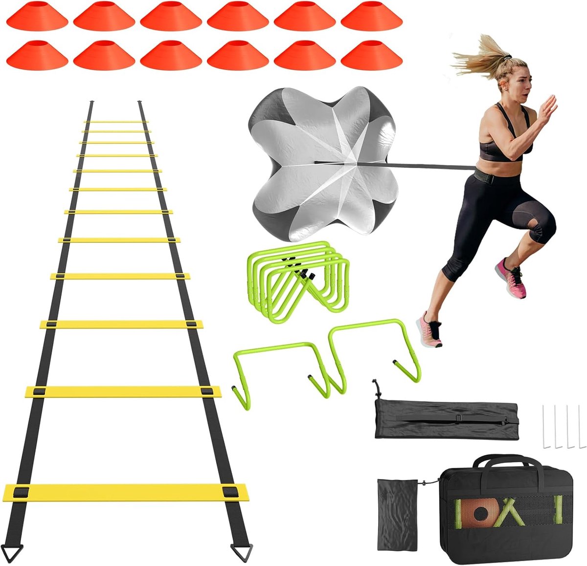 ACXIN Voetbal Trainingsset – 6m Coördinatieladder + 10 Kegels + 5 Weerstandsbanden – Kick Trainer voor Snelheid & Beweeglijkheid