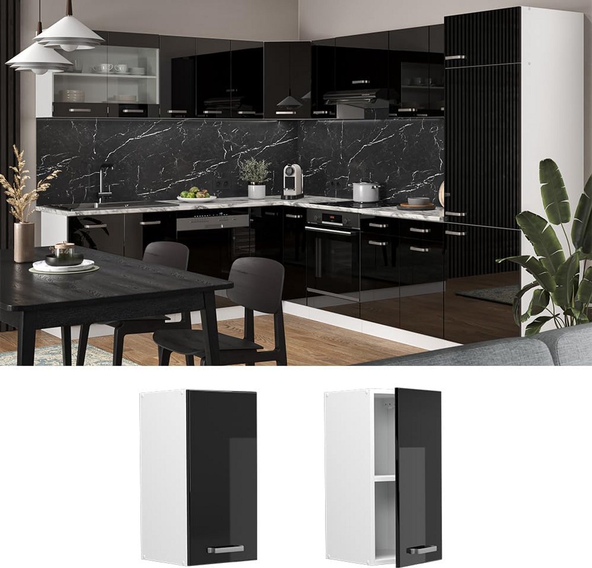 Moderne Keukenkast Hangkast 30 cm Zwart Hoogglans en Wit - Modulair Systeem