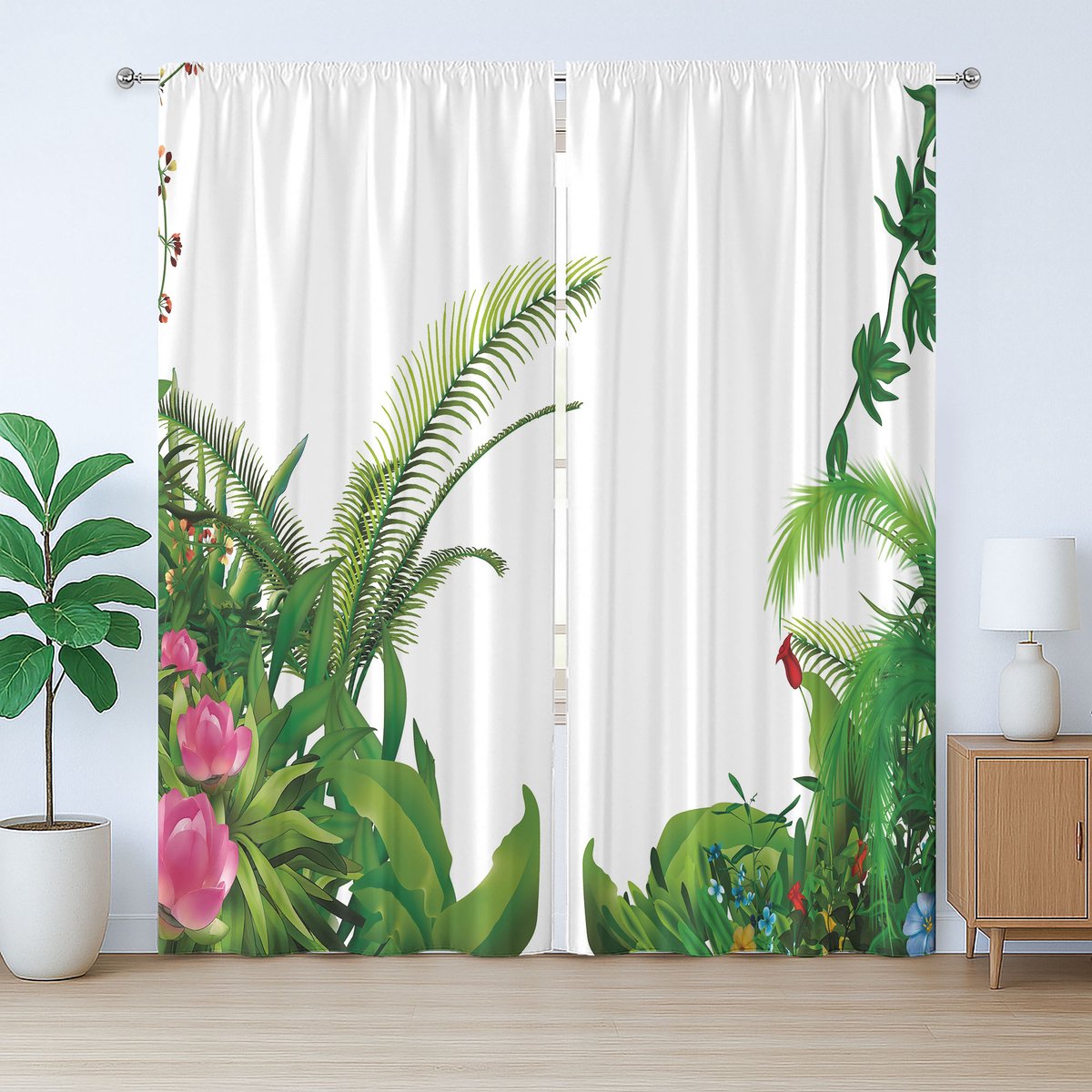 ABAKUHAUS Rustiek plantengordijn, tropische planten, exotisch, slaapkamergordijn met lussen en haken, 280 x 245 cm, meerkleurig groen