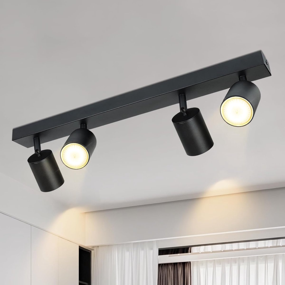 Glitzerlife Led-plafondspot, 4 lichtpunten, zwart, plafondlamp, GU10, moderne metalen spot, draaibaar 350 graden, plafondspot voor woonkamer, slaapkamer, keuken, hal, balkon (zonder lamp)