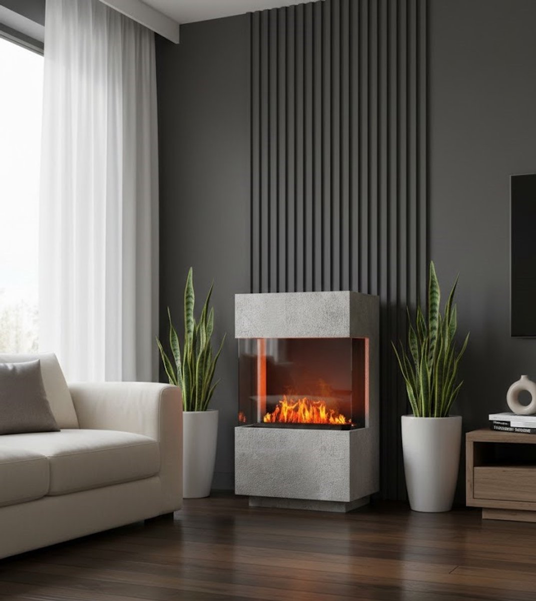Opti-Myst 400 Mini Elektrische Open Haard met Waterdamp en Realistische 3D Vlammen – Design Haard zonder Verwarming, Inclusief Afstandsbediening – Stijlvolle Sfeerhaard voor Binnen, 55 x 96 x 40 cm, Zwart/Grijs/Wit/Beton MedaHomeStore