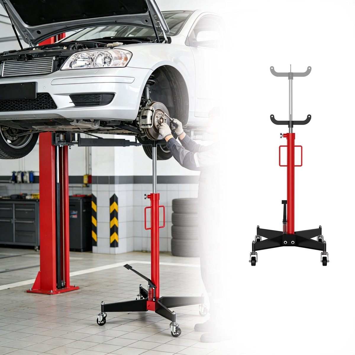 Aufun Versnellingsbaklift 500 kg - Rood - Werkhoogte 111.5–190 cm - Motorlift Met 4 Zwenkwielen - Luie Motorblok Hydraulische Lift.