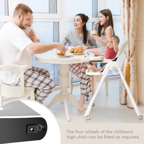 Mobiele kinderstoel met 5-punts veiligheidsgordel, dubbel dienblad en 4 wielen, opvouwbare zitverhoger met verstelbare rugleuning en voetensteun voor thuis en op reis (beige) NAIZY — afbeelding 4
