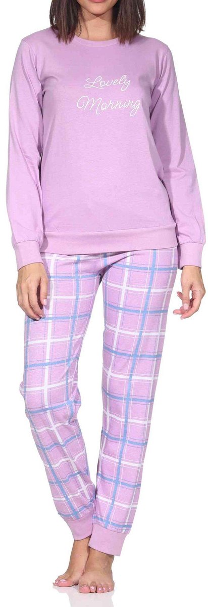 Normann damespyjama met lange mouwen en geruite jersey broek lila